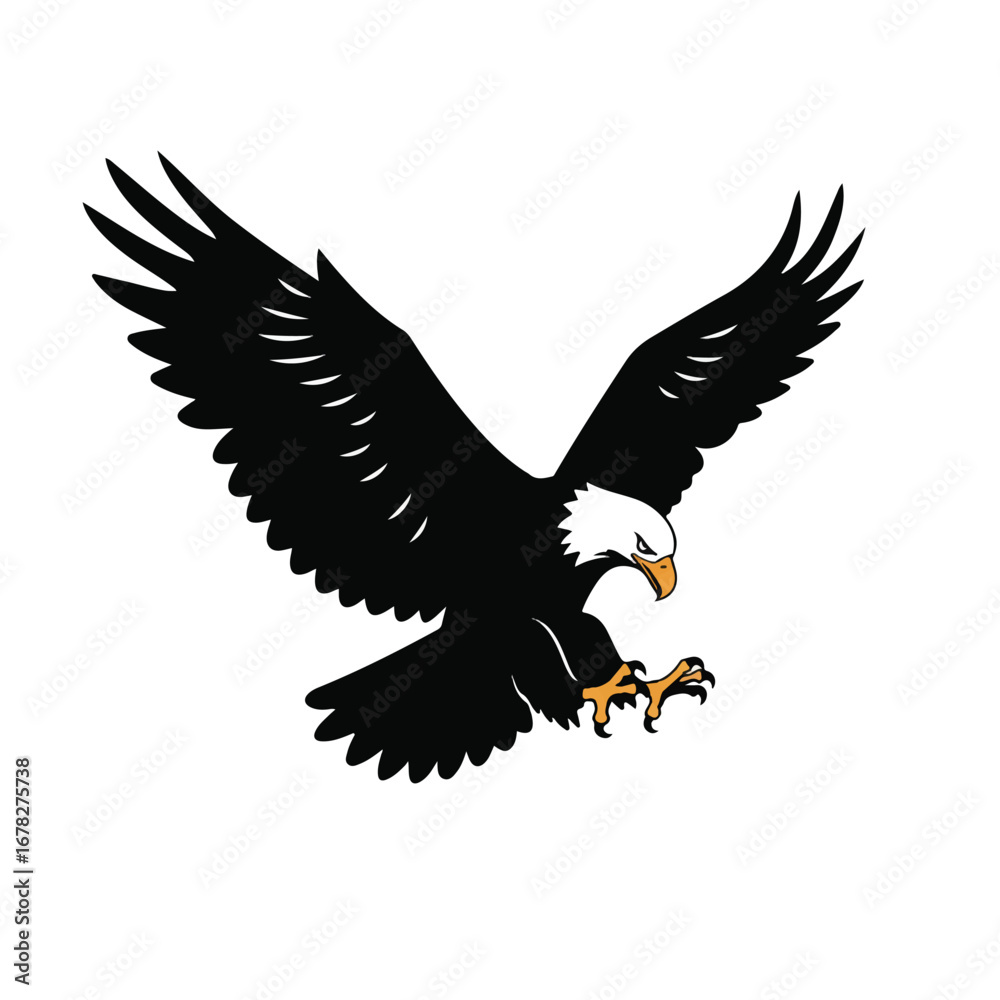 Obraz premium Strong eagle silhouette landing, rendered as a striking flat 2D vector illustration, isolated cleanly on a pristine white background.