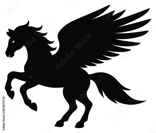 Pegasus Silhouette Majestic Flying Horse Fable Mythical Creature Illustration Art Black