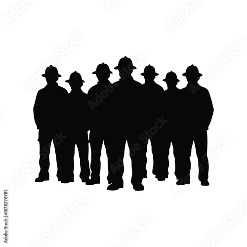 Silhouette of firefighting team standing together, showing unity and professionalism in duty, firefighter group in formation silhouette vector illustration