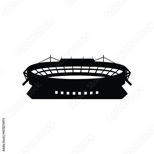 Silhouette of a large stadium with multiple tiers and support structure, football stadium silhouette vector illustration