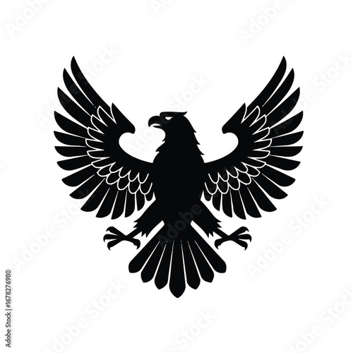 A striking black eagle crest emblem is presented as a clean 2D flat vector illustration, boldly isolated on a pure white background, conveying strength and national pride.