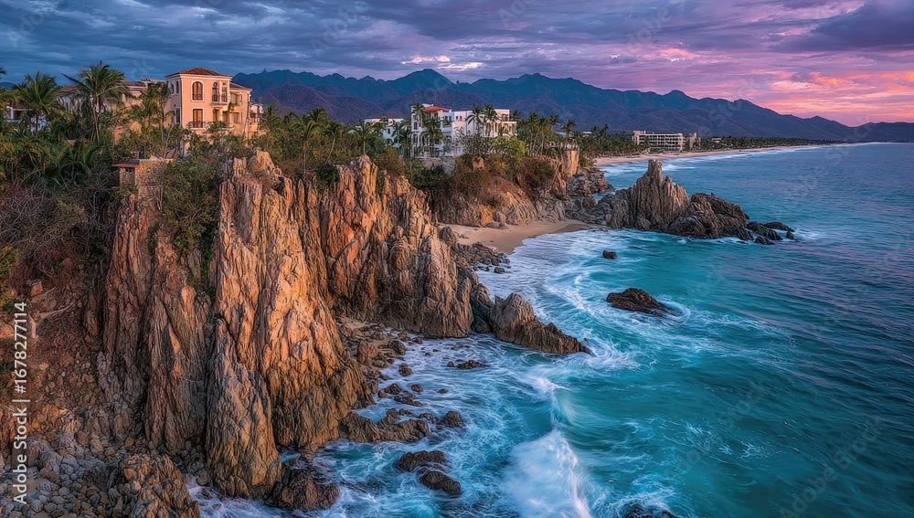 Obraz premium Coastal cliffs meet turquoise ocean at sunset