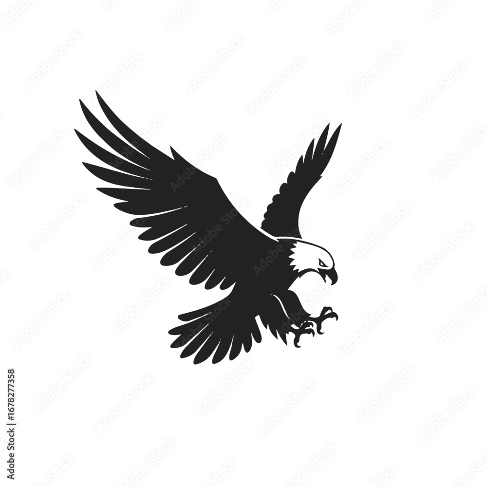 Obraz premium A powerful eagle in a dynamic attack pose, depicted as a striking 2D flat vector silhouette, starkly isolated against a clean white background.
