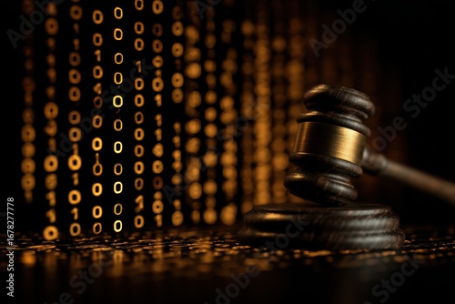 Judge gavel surrounded by binary code representing legal implications of artificial intelligence bias and algorithmic discrimination in justice system concept.