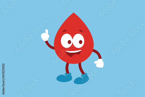 Vector art of cartoon blood drop character giving a thumbs up on blue background