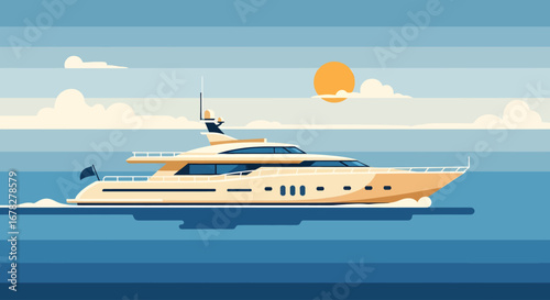 A sleek yacht glides across serene blue waters under a sunny sky, with gentle clouds drifting by. The perfect escape on the open sea.