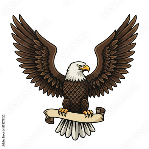 A proud bald eagle emblem depicted in a clean 2D flat vector illustration with its wings spread, isolated on a pure white background, symbolizing strength and freedom.