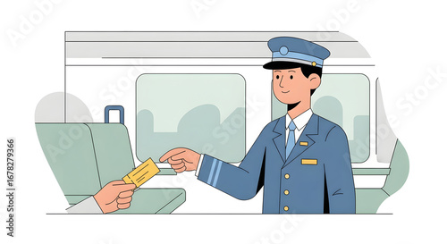 Illustration of a railway conductor inspecting a travel pass from a passenger inside a train carriage, representing public transportation service