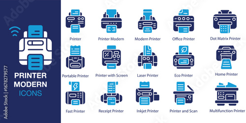 Printer Modern icon set. Containing modern, technology, printer, equipment, print, and more. Solid vector icons collection. Vector illustration.