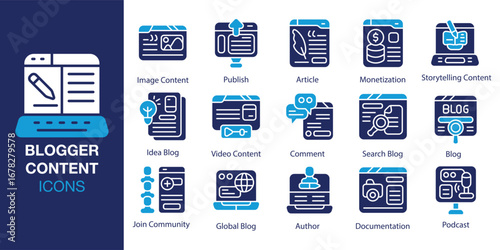 Blogger Content icon set. Containing blogger, content, media, influencer, social media, and more. Solid vector icons collection. Vector illustration.