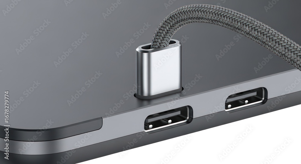 Obraz premium Close-up of a USB-C hub with braided cable connected to a modern laptop, showcasing connectivity and technology