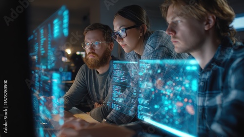 Developer team collaborating on open-source AI platform with holographic code visualization, showcasing futuristic programming innovation and collaborative technology development.