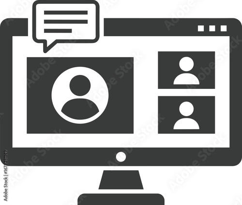Video conference icon, online meeting illustration, remote work symbol, digital communication graphic, virtual meeting screen, computer monitor with participants, team collaboration tool, web chat int