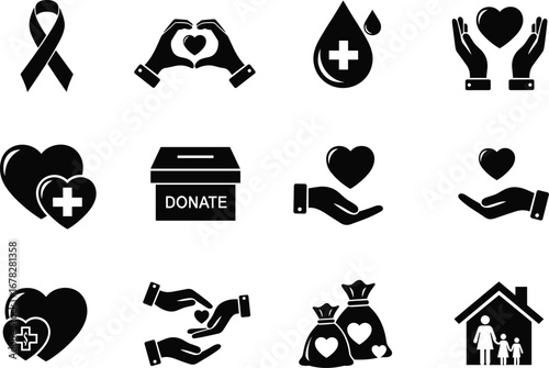 Donate and charity icons set, heart symbols, giving concept, blood donation, fundraising, humanitarian aid, helping hands, medical support,爱心 symbol, volunteer work, social responsibility, non-profit 