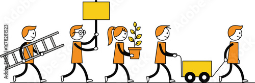 Construction workers cartoon, building team illustration, worker characters, orange uniform, ladder, wheelbarrow, tools, construction site, work crew, laborers in action, building process, industrial 