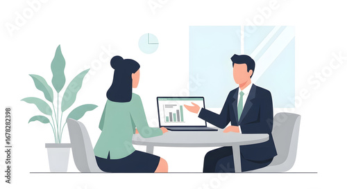 Two business professionals in a modern office discussing a strategic plan and analyzing performance data on a laptop