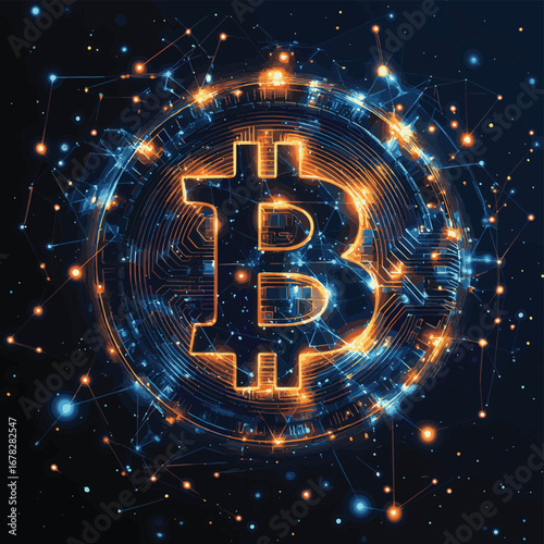 Bitcoin symbol surrounded by abstract orbiting spheres and dynamic particle lines in dark space background vector concept of cryptocurrency network and digital finance