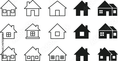 House icons set, home symbols, residential buildings, simple line art, black and white vector graphics, real estate design, minimalist architecture, property illustrations, flat style icons, modern UI