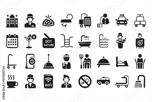 Hotel and hospitality icons vector set with building, bellboy, luggage, taxi, swimming pool, room service, do not disturb sign, coffee, bed, and cleaning service symbols for travel and tourism design