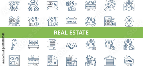 Real estate icons set, property symbols, house, apartment, office, land, home sale, rental, mortgage, agent, key, building, construction, investment, market, digital design, vector graphics, modern UI