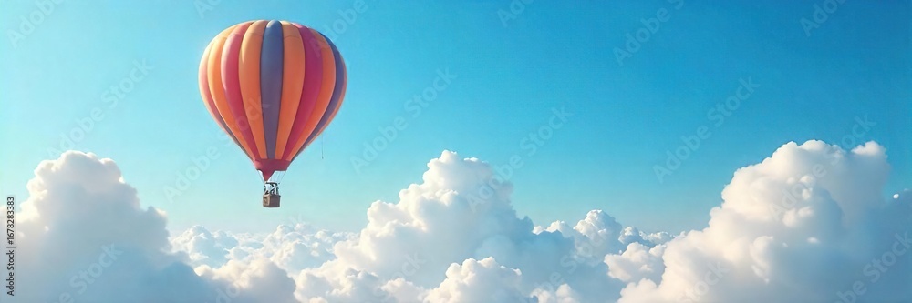 Fototapeta premium A whimsical hot air balloon floats serenely against a vibrant blue sky, casting a long shadow on fluffy white clouds Perfect for travel, adventure, freedom, and fantasy themes , morning, clouds