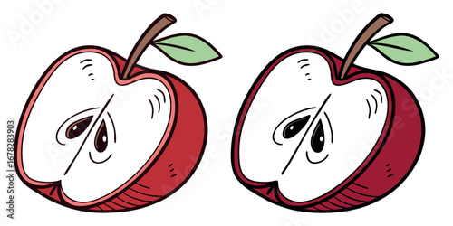 Charming cartoon apple halves, one vibrant red and the other a crisp outline, perfect for educational or playful designs.