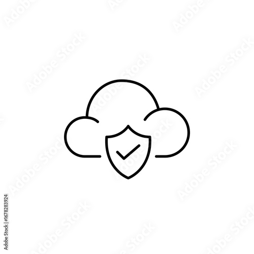 Verified cloud security, trusted data storage, secure services, approved online protected information. Shield, checkmark. Pixel perfect, editable stroke vector icon