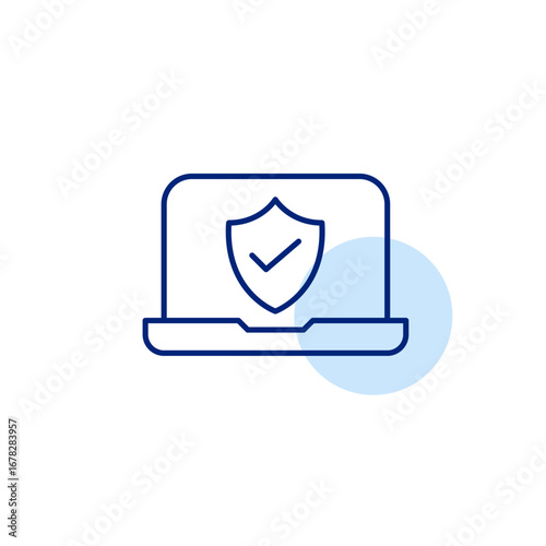 Laptop, shield and checkmark. Emergency backup, certified electronics coverage plan. Pixel perfect, editable stroke vector icon