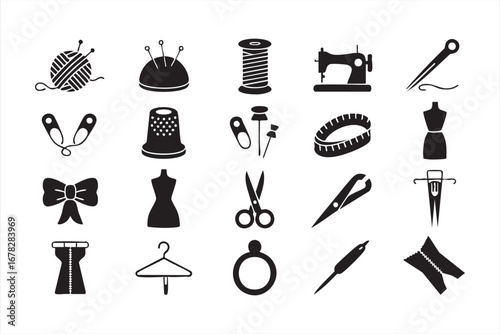 Needle and thread doodle icons with fashion clothing and tailoring workshop tools