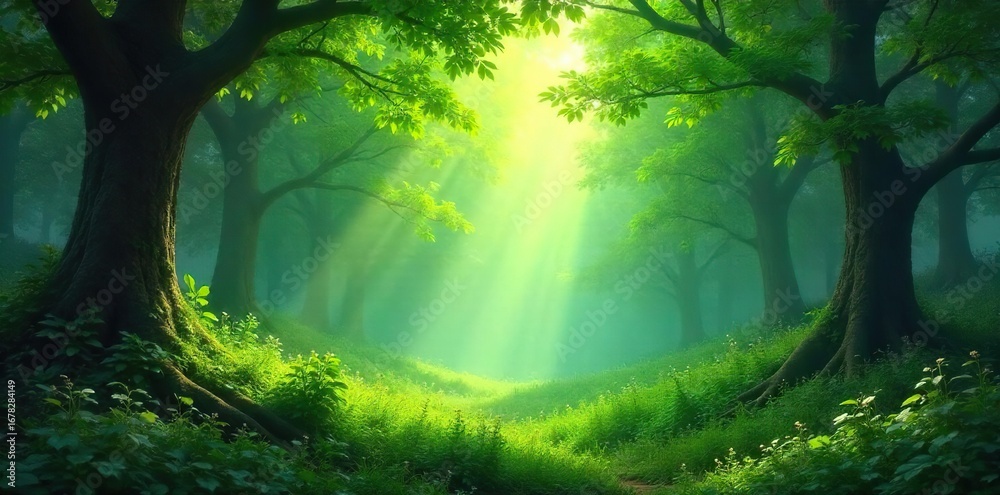 Naklejka premium Lush green forest scene, dappled sunlight filtering through leaves, creating a magical atmosphere Perfect for nature, fantasy, and fairytale themes , fantasy, natural, summer