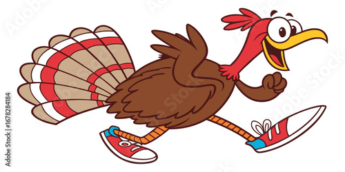 Joyful cartoon turkey wearing sneakers sprints energetically with a fan tail, perfect for Thanksgiving and fall celebrations