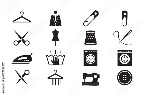 Sewing doodle icons with scissors mannequin button and fashion design tools