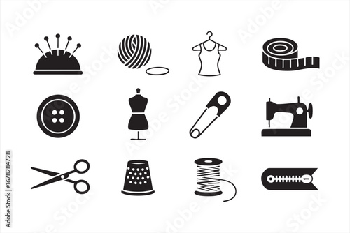 Fashion design and tailoring icon pack with scissors mannequin and sewing machine