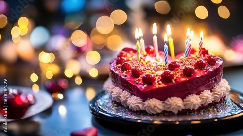 Wallpaper Mural Heart-shaped birthday cake with colorful candles and festive decor Torontodigital.ca