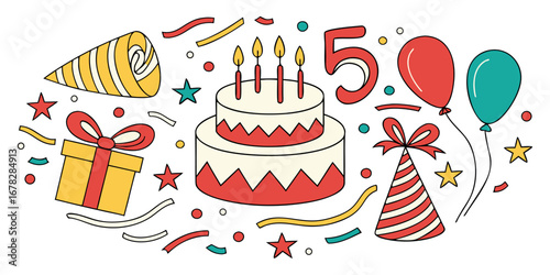 Celebrate a fifth birthday with a festive cake, gifts, balloons, party hats, and confetti for joyous occasions