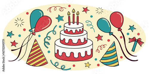 Celebrate joyfully with festive birthday cake balloons streamers and party hats creating a vibrant and happy occasion