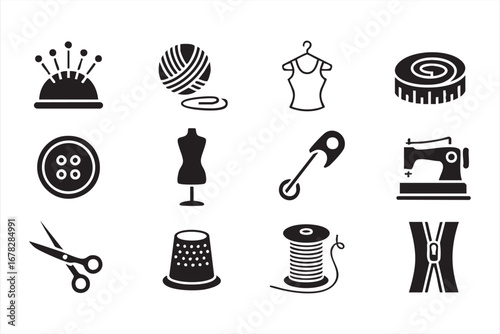 Handicraft and tailoring icons pack with needle, thread, and measuring tape illustrations