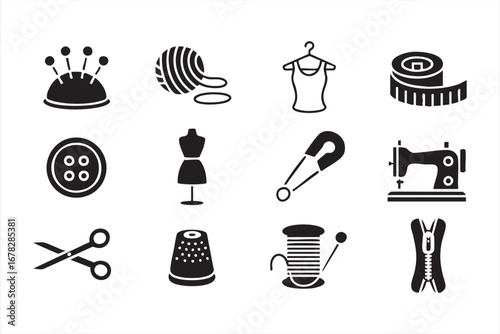 Sewing and tailoring tools icons set with needle, thread, and sewing machine illustrations