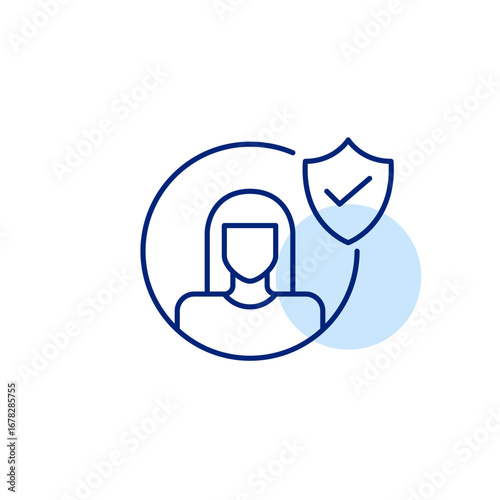 Certified membership, safe user access, authenticated profile. Female user avatar, shield and checkmark. Pixel perfect, editable stroke vector icon
