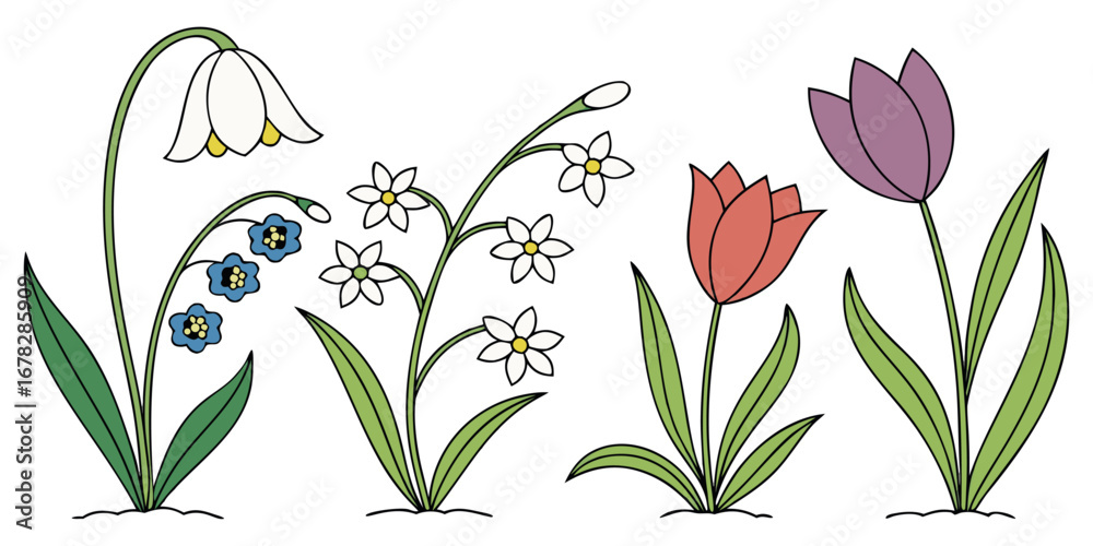 Fototapeta premium Charming collection of spring wildflowers including snowdrops tulips and forget-me-nots in a delightful flat design style