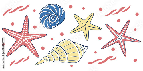 Charming collection of colorful starfish and seashells brings vibrant beach vibes to your summer designs
