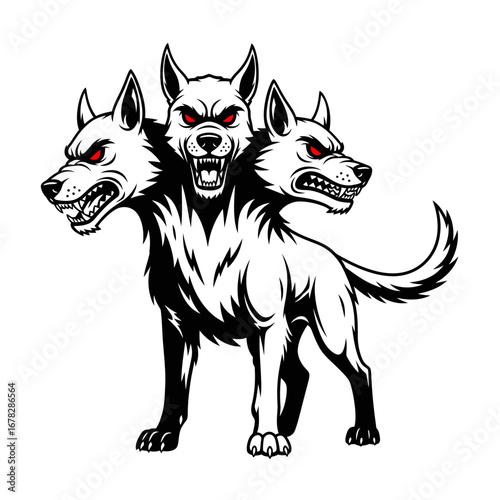 Fierce ThreeHeaded Cerberus with Glowing Red Eyes and Bared Fangs