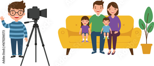 Cartoon family photo shoot with photographer, parents and kids sitting on sofa, happy family portrait session, modern photography concept illustration