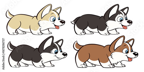 Four adorable cartoon puppies with different fur colors, perfect for playful designs and animal lovers seeking cute companions.
