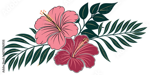 Vibrant pink and red hibiscus flowers with lush green tropical leaves create a stunning floral arrangement perfect for summer and vacation themes.
