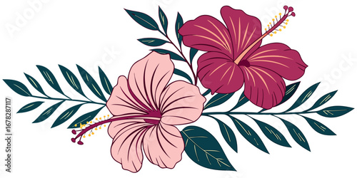 Vibrant hibiscus flowers and tropical leaves create a stunning natural arrangement perfect for decorative design projects