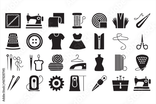 Vector pack of sewing machine, mannequin, and tailoring accessories for fashion design