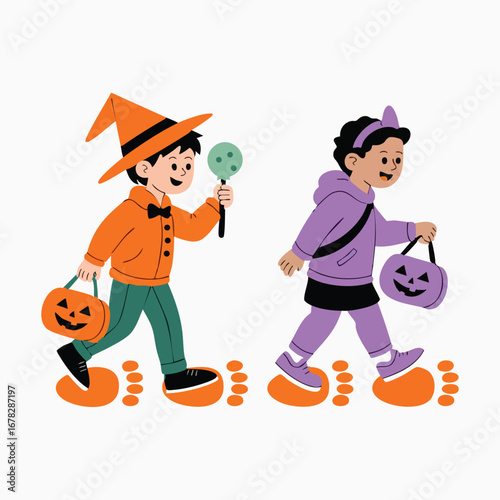 Two Children in Halloween Costumes Walking with Candy Bags and Pumpkin Treats kids trick or treat