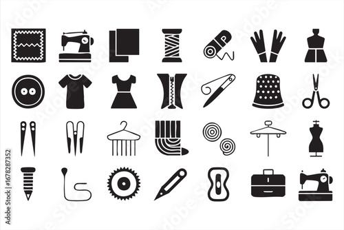 Vector illustration of fashion design icons with mannequin, scissors, and sewing machine