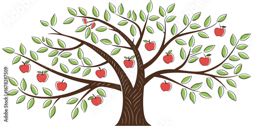 Vibrant apple tree bursting with ripe red fruit and lush green leaves, a symbol of nature's bounty and growth